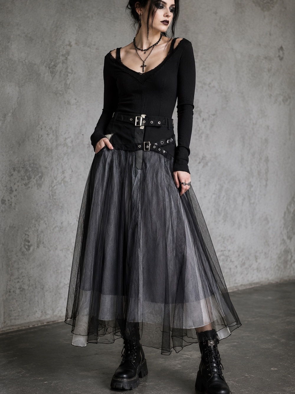 Easel Goth Vibe Black Layered Tulle Skirt NWT